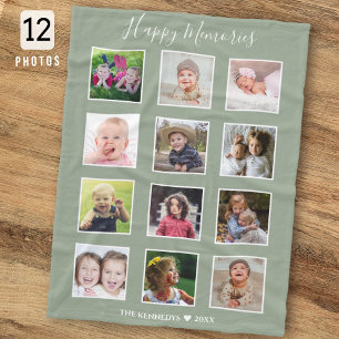 Create Your Own 12 Family Photo Collage Sage Green Fleece Blanket
