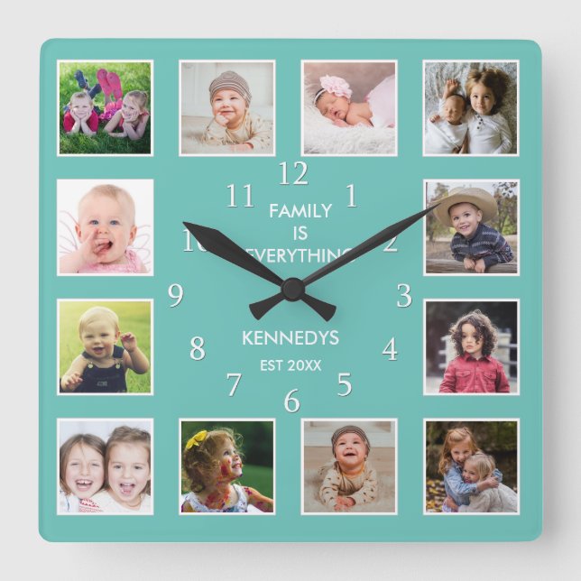Create Your Own 12 Family Photo Collage Teal Square Wall Clock (Front)