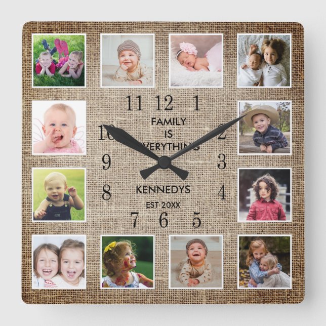 Create Your Own 12 Photo Collage Frame Burlap Square Wall Clock (Front)