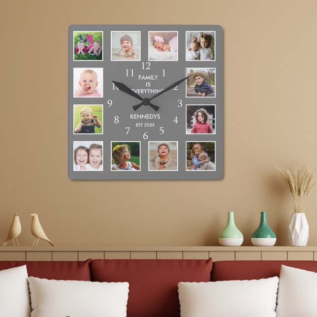 Create Your Own 12 Photo Collage Frame Gray Square Wall Clock (Create Your Own 12 Photo Collage Frame Gray Square Wall Clock)