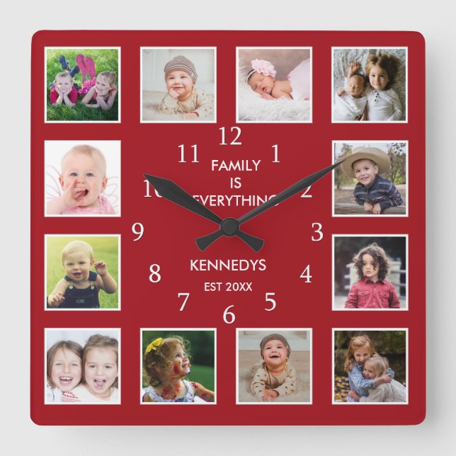 Create Your Own 12 Photo Collage Frame Red Square Wall Clock (Front)