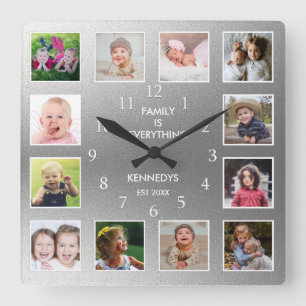 Create Your Own 12 Photo Collage Frame Silver Square Wall Clock