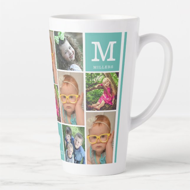 Create Your Own 12 Photo Collage Monogram Teal Latte Mug (Right)