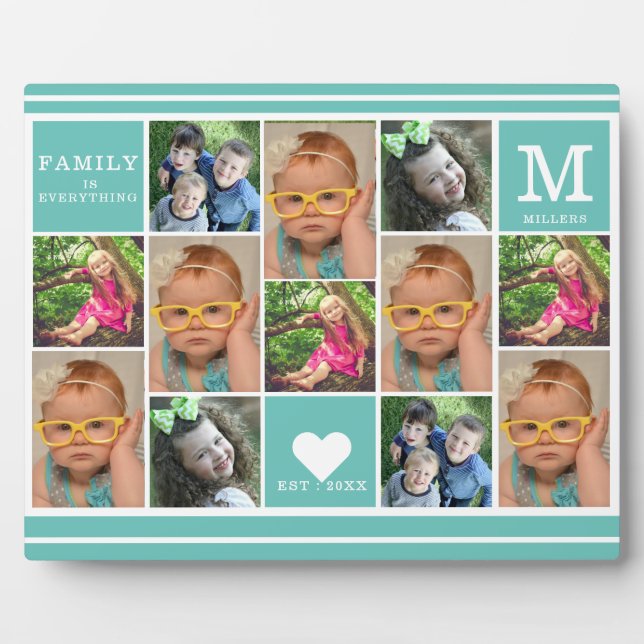 Create Your Own 12 Photo Collage Monogram Teal Plaque (Front)