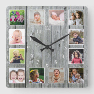 Create Your Own 12 Photo Collage Rustic Grey Wood Square Wall Clock