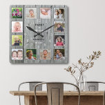 Create Your Own 12 Photo Collage Rustic Grey Wood Square Wall Clock<br><div class="desc">Create your own photo collage wall clock with 12 of your favourite pictures. The photo frame clock helps you treasure your special moments and also makes a thoughtful gift for parents, grandparents and friends. The personalized family clock makes it a perfect gift for all occasions. Personalize with family name and...</div>