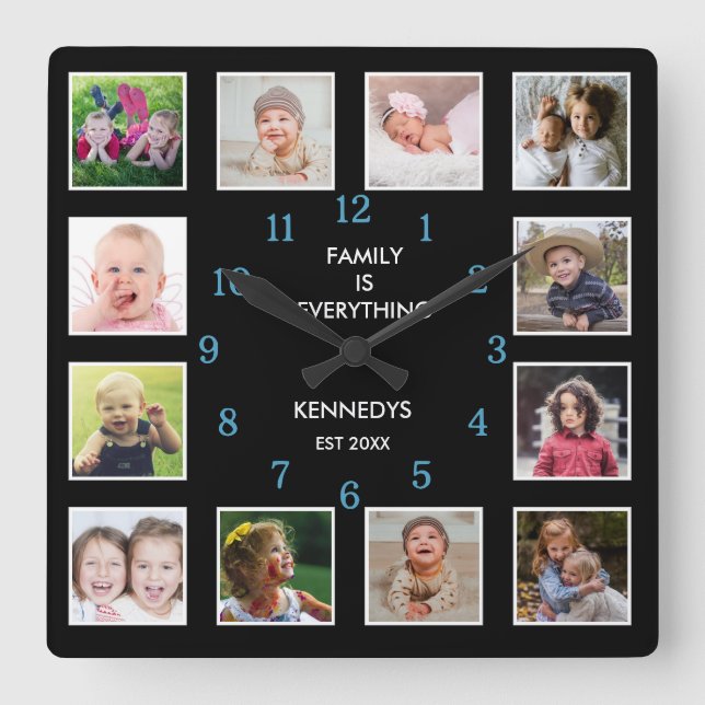 Create Your Own 12 Photo Collage Teal And Black   Square Wall Clock (Front)