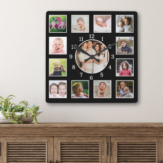 Create Your Own 13 Family Photo Collage Black Square Wall Clock