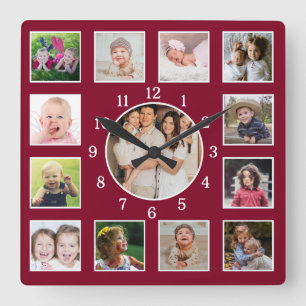 Create Your Own 13 Family Photo Collage Burgundy Square Wall Clock