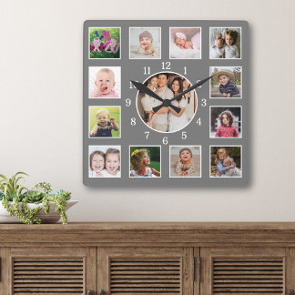 Create Your Own 13 Family Photo Collage Grey Square Wall Clock