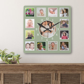 Create Your Own 13 Family Photo Collage Sage Green Square Wall Clock