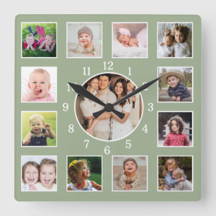 Create Your Own 13 Family Photo Collage Sage Green Square Wall Clock