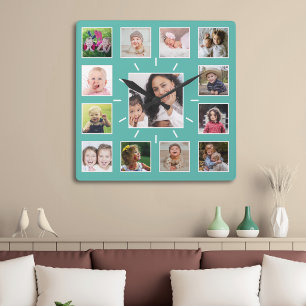 Create Your Own 13 Family Photo Collage Teal Square Wall Clock