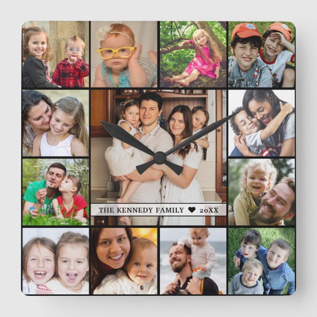 Create Your Own 13 Photo Collage Family Name  Square Wall Clock (Front)