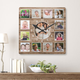 Create Your Own 13 Photo Collage Rustic Barn Wood  Square Wall Clock