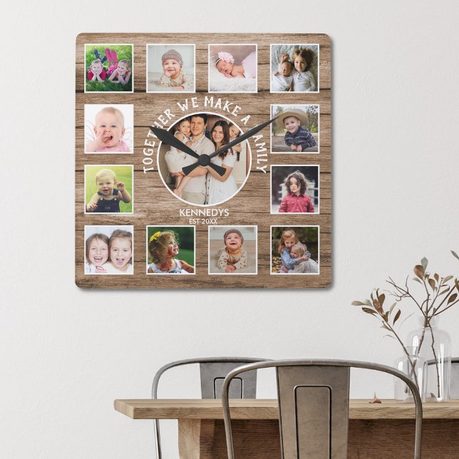 Create Your Own 13 Photo Collage Rustic Barn Wood  Square Wall Clock (Picture frame family quote 13 photo collage wood wall clock)