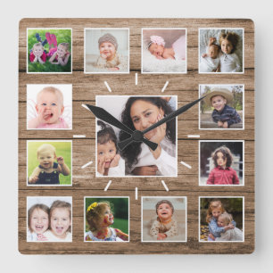 Create Your Own 13 Photo Collage Rustic Wood Square Wall Clock