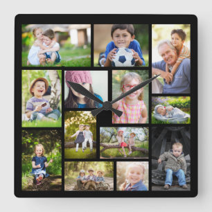 Create Your Own 14 Photo Collage Black Square Wall Clock