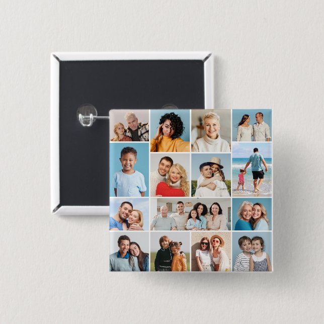 Create Your Own 15 Photo Collage 2 Inch Square Button (Front & Back)
