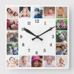 Create Your Own 16 Family Photo Collage White Square Wall Clock