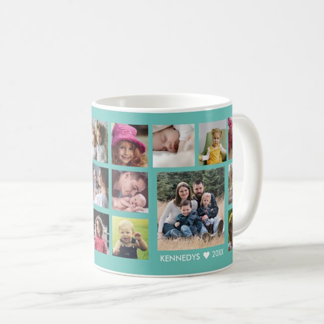 Create Your Own 18 Family Photo Collage Teal Coffee Mug (Front Right)
