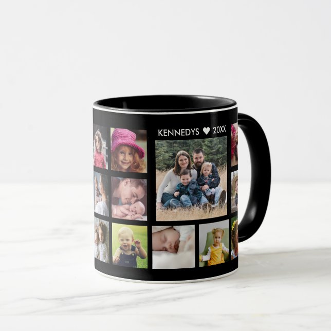 Create Your Own 18 Photo Collage Family Name Black Mug (Front Right)