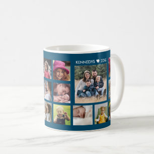 Create Your Own 18 Photo Collage Family Name Blue Coffee Mug