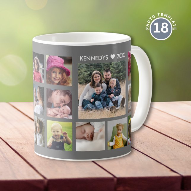 Create Your Own 18 Photo Collage Family Name Grey Coffee Mug (Creator Uploaded)