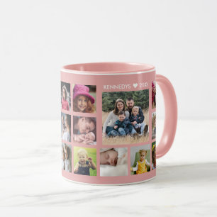 Create Your Own 18 Photo Collage Family Name Pink Mug