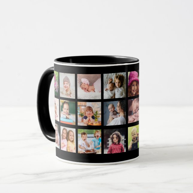 Create Your Own 22 Photo Collage Family Name Black Mug (Front Left)