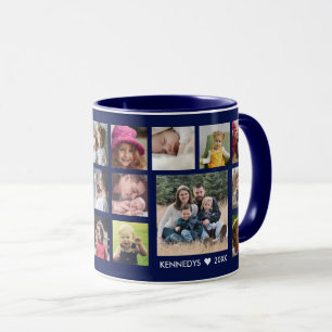 Create Your Own 22 Photo Collage Family Name Blue Mug