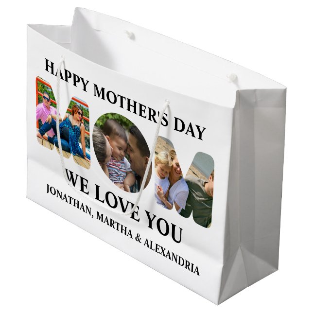 Create your own 3 photo collage Happy Mothers day Large Gift Bag (Front Angled)