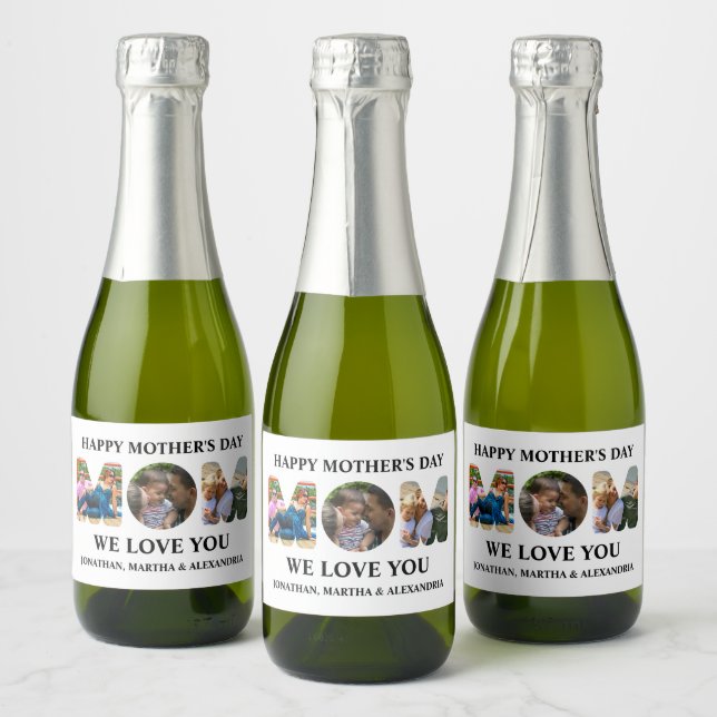 Create your own 3 photo collage Happy Mothers day Sparkling Wine Label (Bottles)