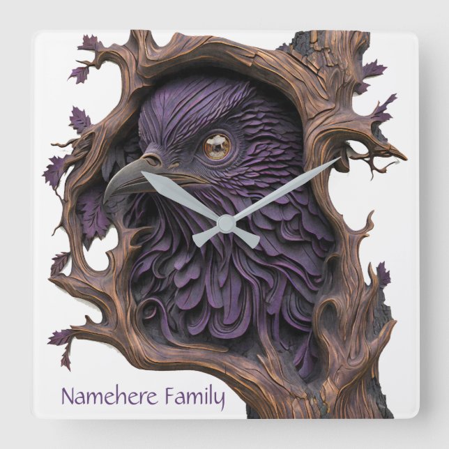 Create Your Own 3D Faux Bois Carved Black Raven Square Wall Clock (Front)