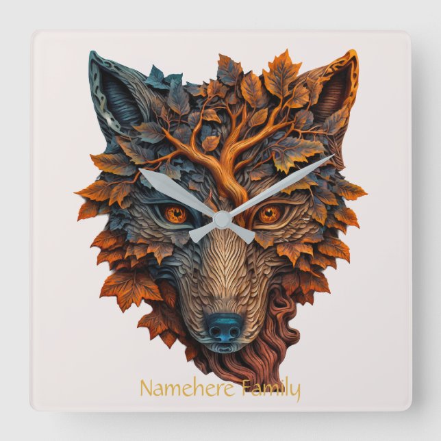 Create Your Own 3D Faux Bois Carved Wolf Head Square Wall Clock (Front)