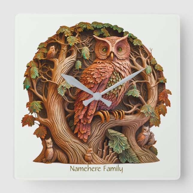 Create Your Own 3D Faux Bois Carved Wood Owl Square Wall Clock (Front)