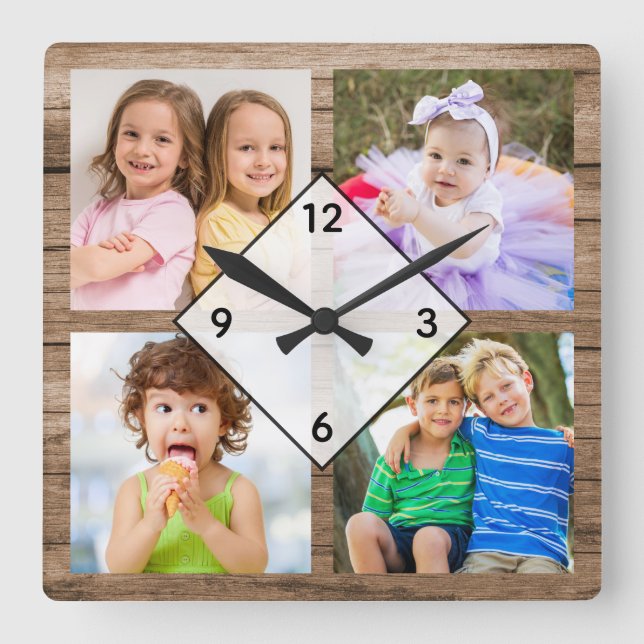 Create Your Own 4 Photo Collage Rustic Wood Square Wall Clock (Front)