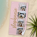 Create Your Own 4 Photo Collage Script Name blush Beach Towel<br><div class="desc">Photo collage in a film strip layout with a huge modern script for the name. Use up to four square or selfie phone photos to create a unique and personal gift. Or you can keep the hipster puppy and make a trendy keepsake. For best results, use photos that have been...</div>