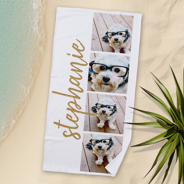 Create Your Own 4 Photo Collage Script Name gold Beach Towel (Personalized Beach Towel with Photos and Text)