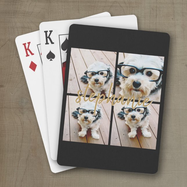 Create Your Own 4 Photo Collage - Script Name Playing Cards (Personalized playing cards with photos and an area for text such as a name or monogram)