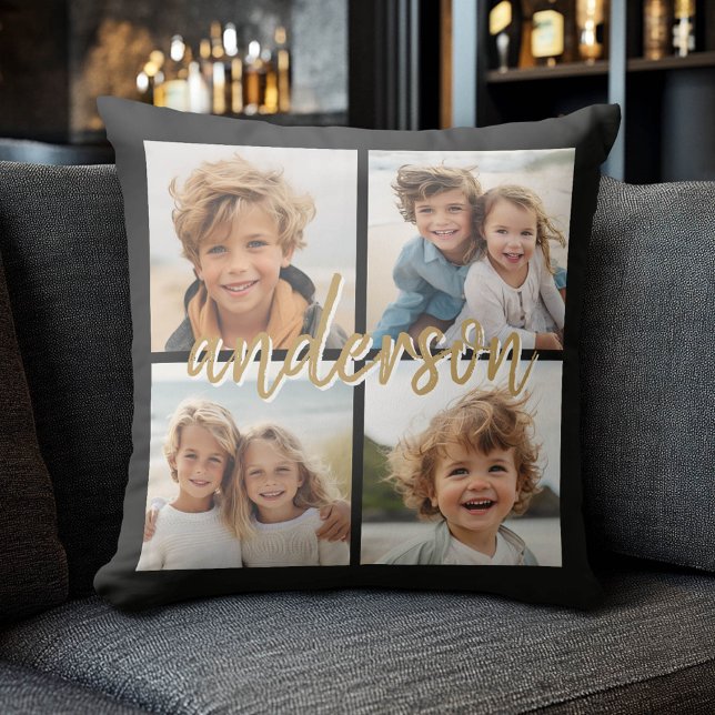 Create Your Own 4 Photo Collage - Script Name Throw Pillow (Custom Photo Collage Pillow)