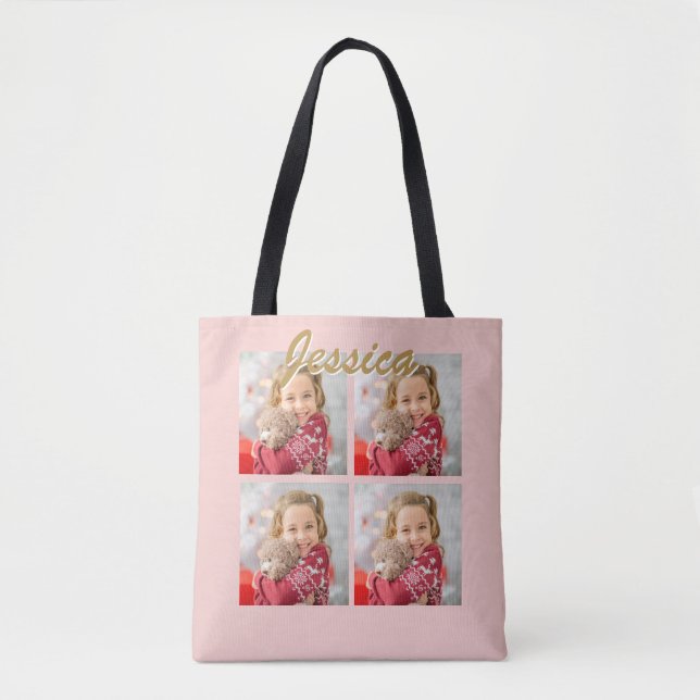 Create Your Own 4 Photo Collage whit Script Name Tote Bag (Front)