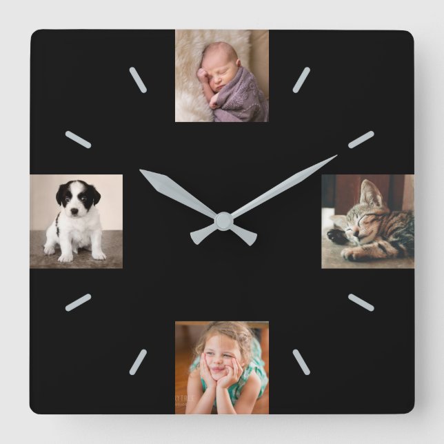 Create Your Own 4 Photo Modern Black Square Wall Clock (Front)