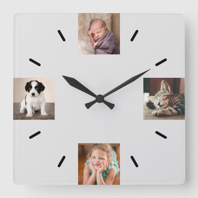 Create Your Own 4 Photo Modern Grey Square Wall Clock (Front)