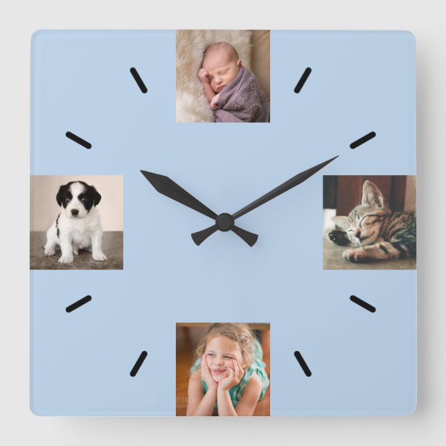 Create Your Own 4 Photo Modern Light Blue Square Wall Clock (Front)