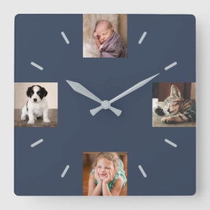 Create Your Own 4 Photo Modern Navy Blue Square Wall Clock