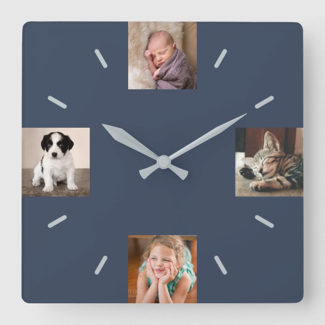 Create Your Own 4 Photo Modern Navy Blue Square Wall Clock (Front)