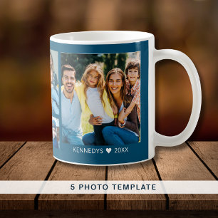 Create Your Own 5 Family Photo Collage Quote  Blue Coffee Mug