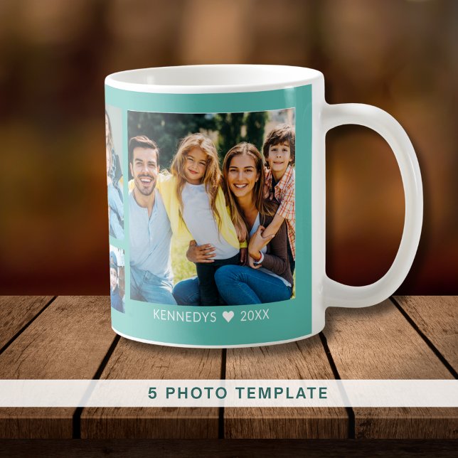 Create Your Own 5 Family Photo Collage Teal Coffee Mug (Creator Uploaded)
