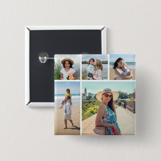 Create Your Own 5 Photo Collage 2 Inch Square Button (Front & Back)